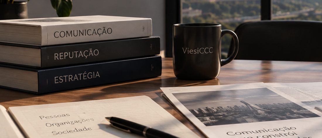 Livros, documentos e uma caneca sobre uma mesa de trabalho, com o skyline de São Paulo ao fundo